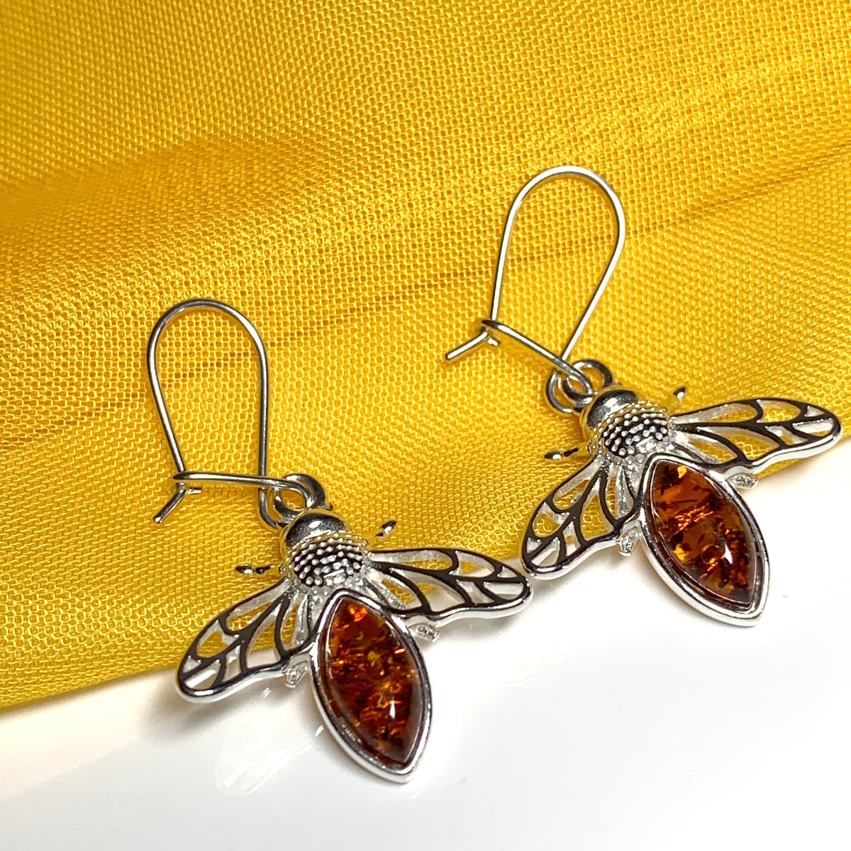 Sterling Silver Orange Real Amber Bumble Bee Drop Earrings