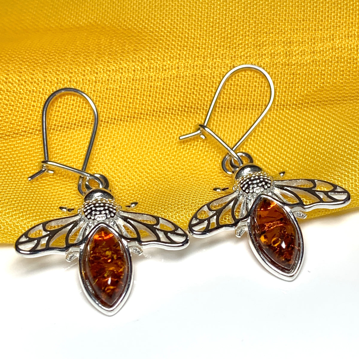 Sterling Silver Orange Real Amber Bumble Bee Drop Earrings
