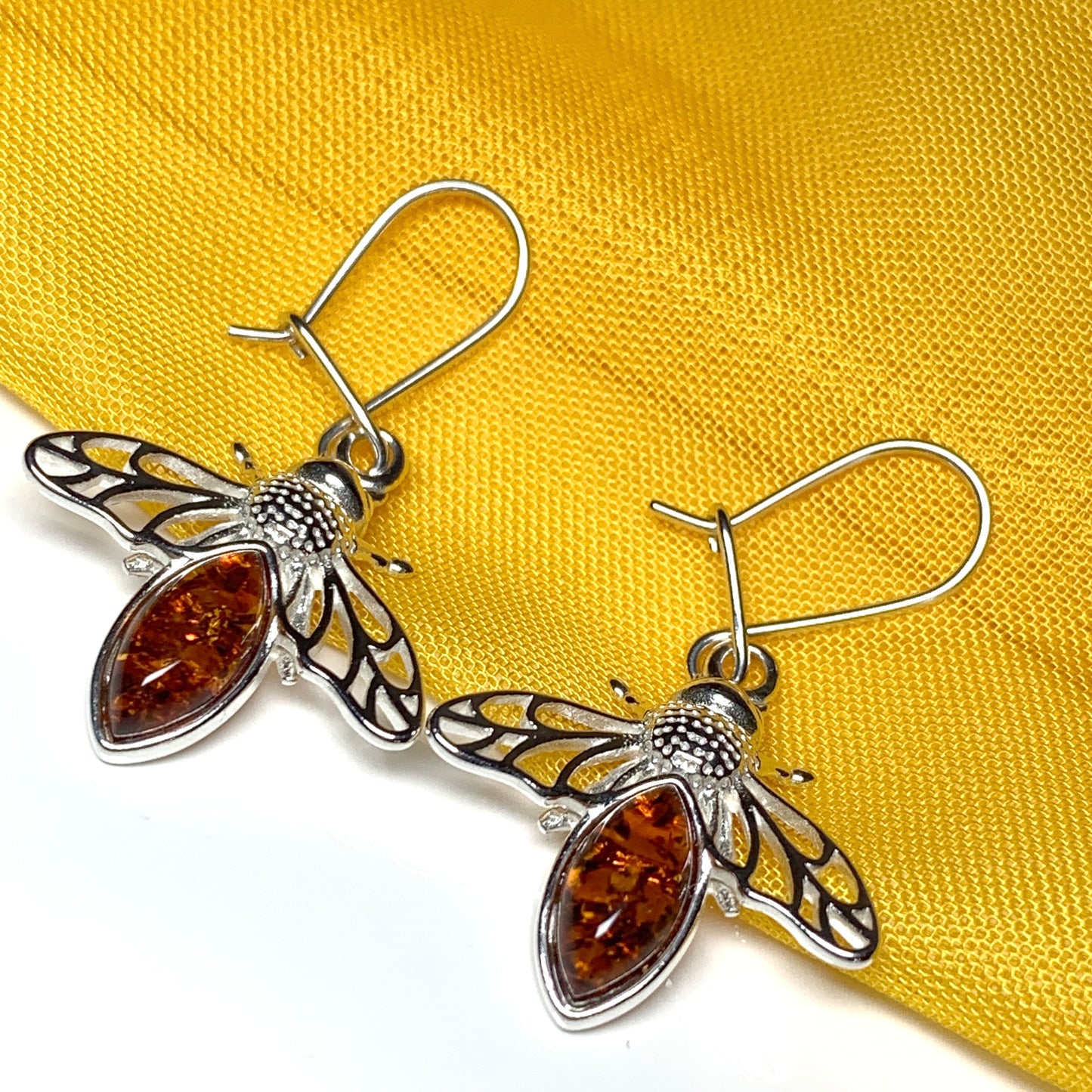Sterling Silver Orange Real Amber Bumble Bee Drop Earrings