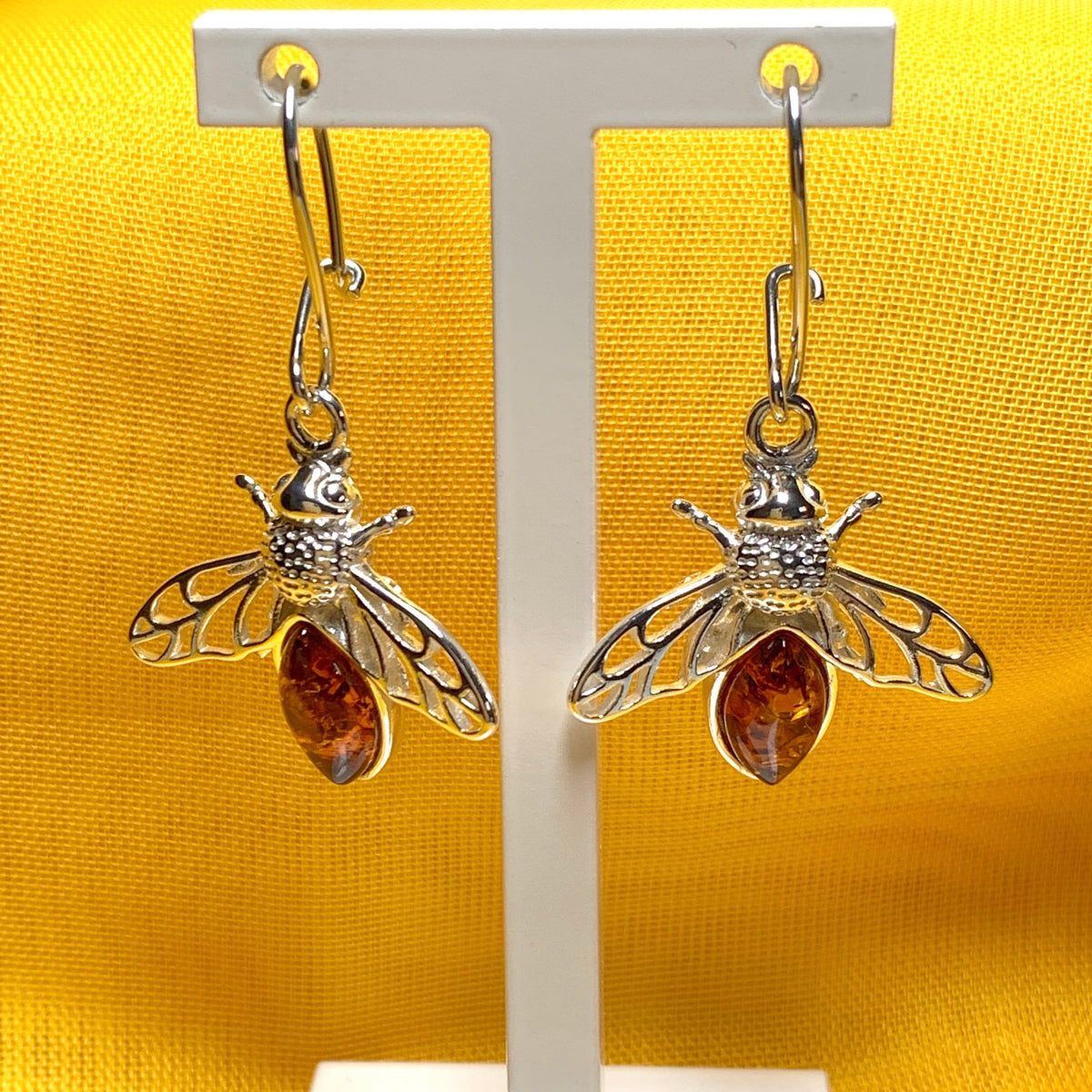 Sterling Silver Orange Real Amber Bumble Bee Drop Earrings