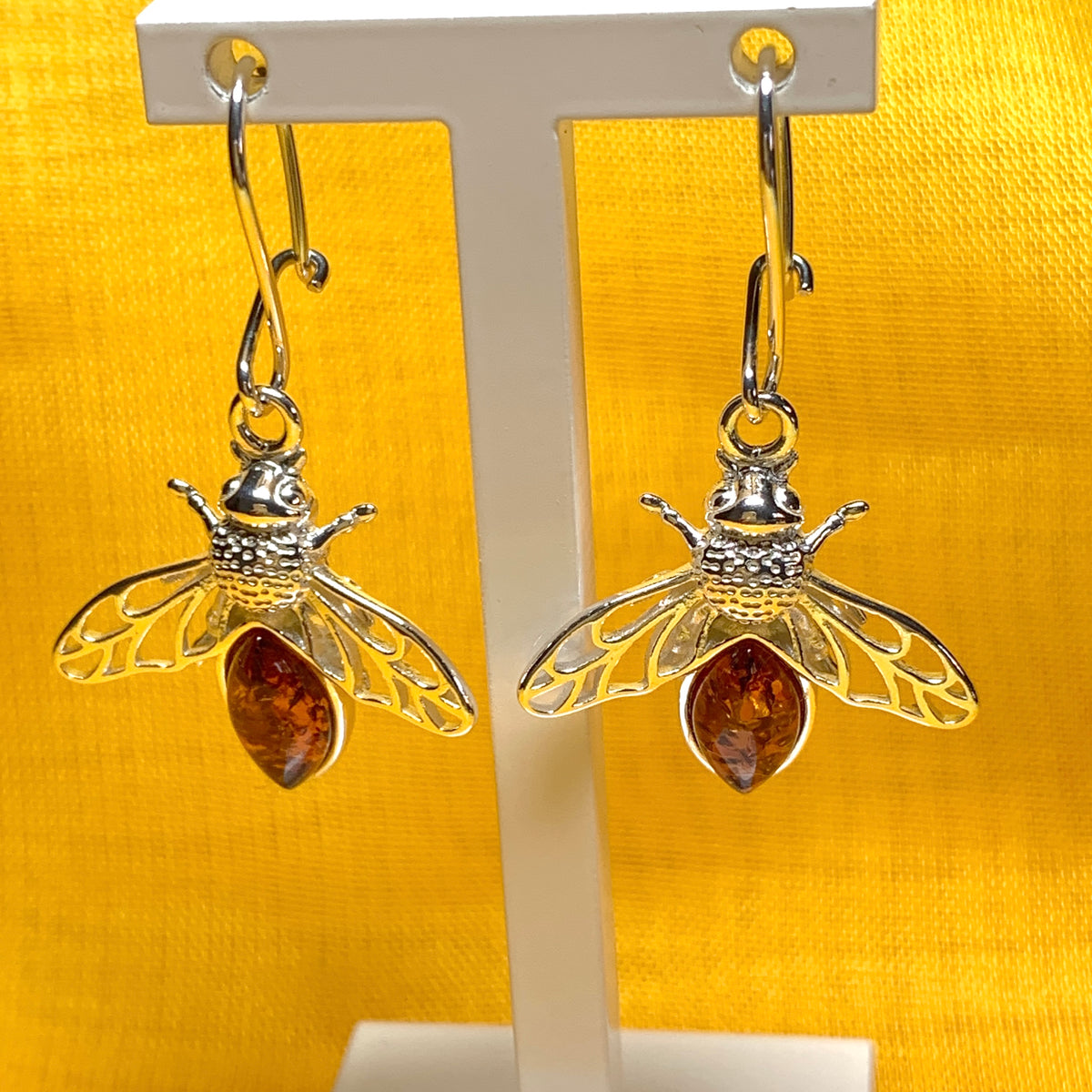 Sterling Silver Orange Real Amber Bumble Bee Drop Earrings