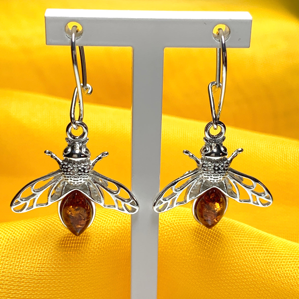 Sterling Silver Orange Real Amber Bumble Bee Drop Earrings