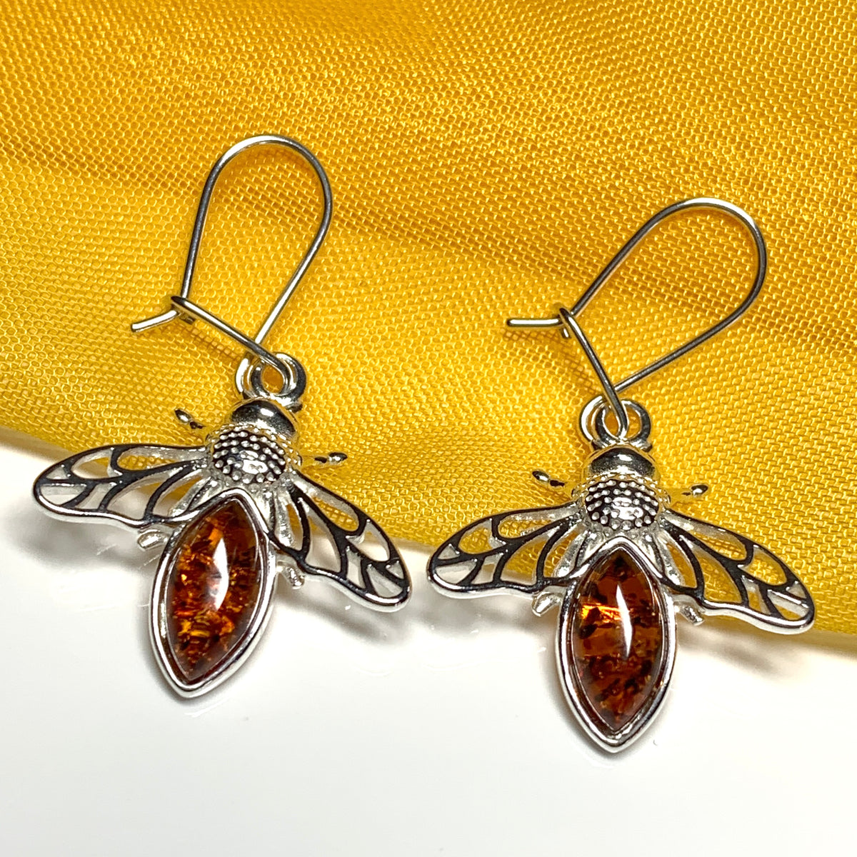 Sterling Silver Orange Real Amber Bumble Bee Drop Earrings