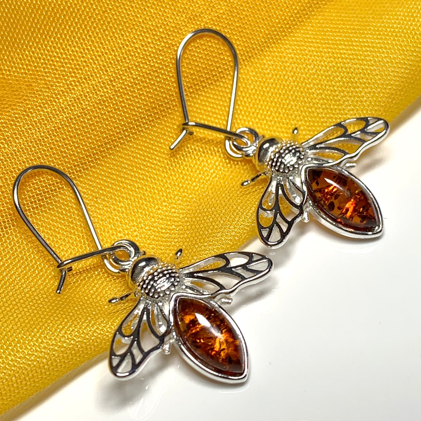 Sterling Silver Orange Amber Bumble Bee Drop Earrings