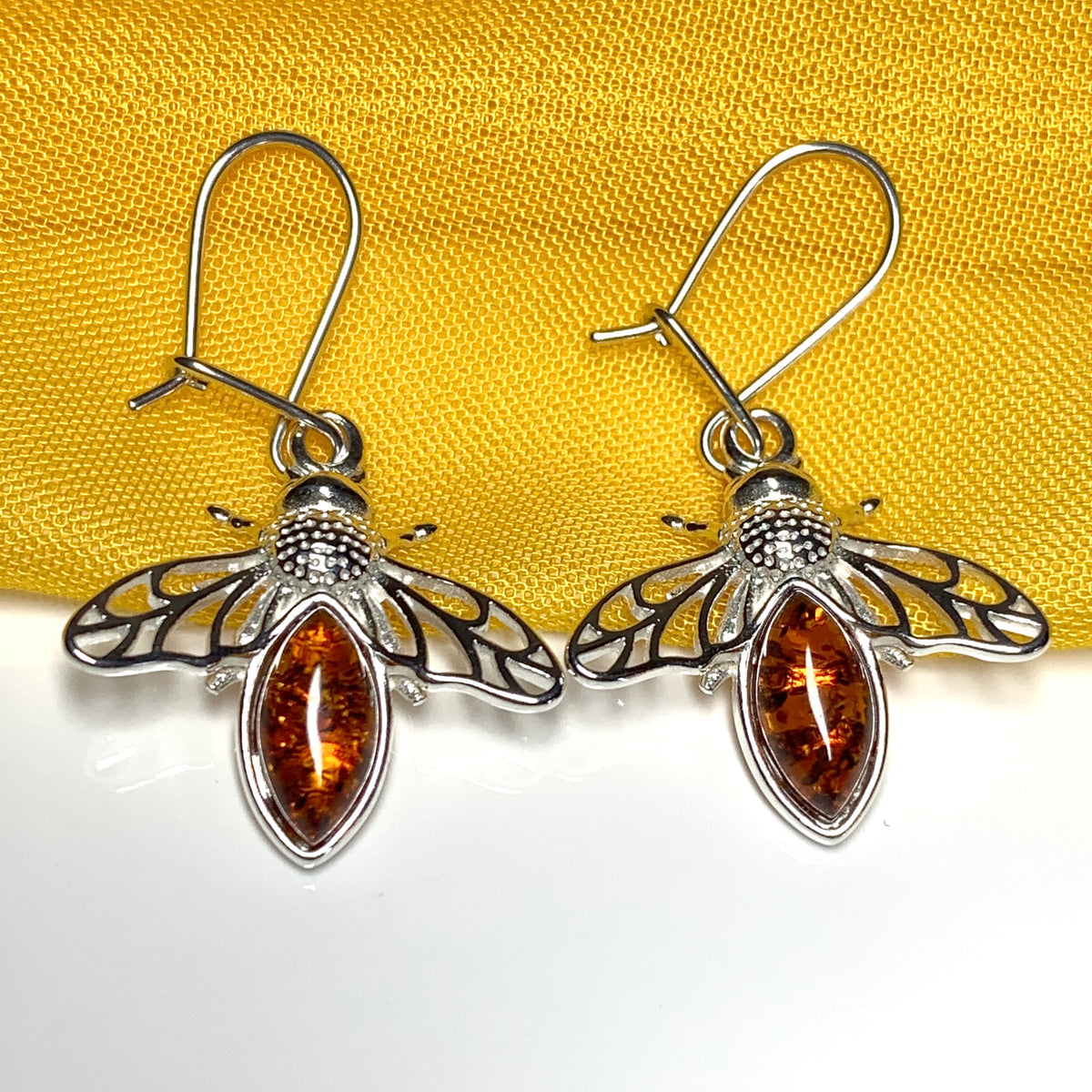 Sterling Silver Orange Real Amber Bumble Bee Drop Earrings