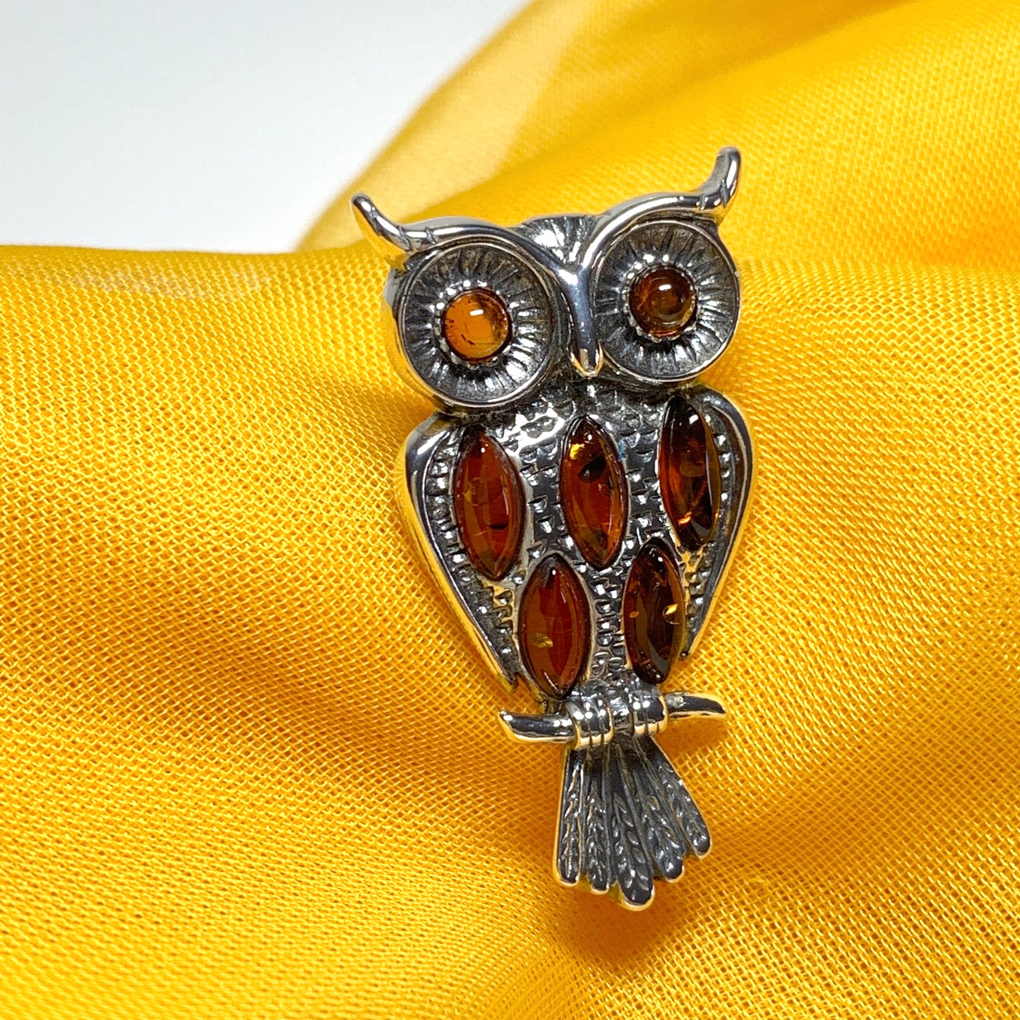 Sterling Silver Orange Amber Owl Brooch
