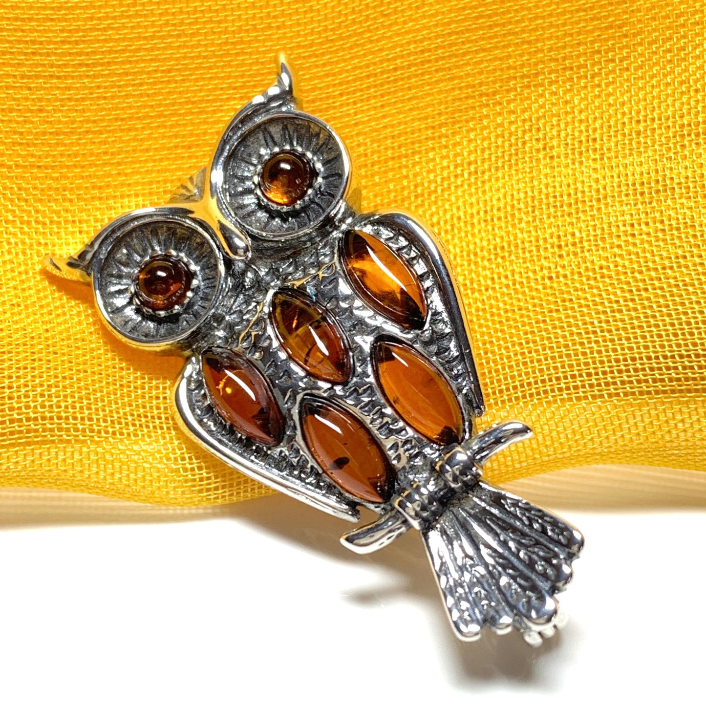 Sterling Silver Orange Amber Owl Brooch