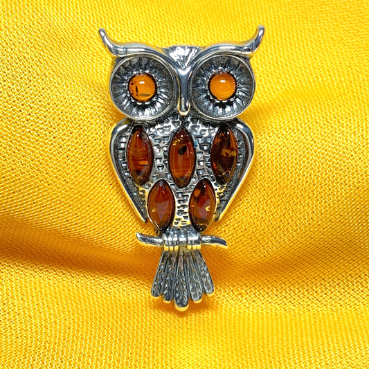 Sterling Silver Orange Amber Owl Brooch