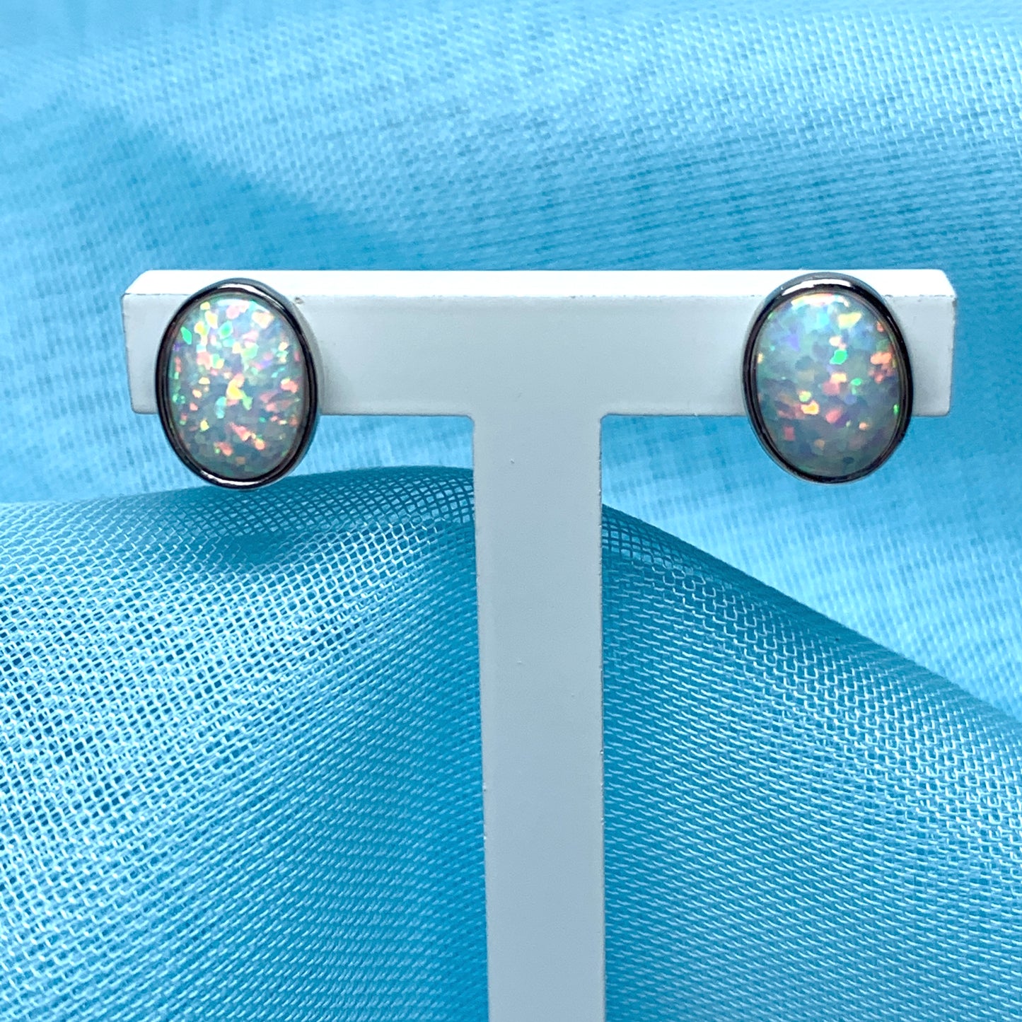 Sterling Silver Oval Opal Stud Earrings