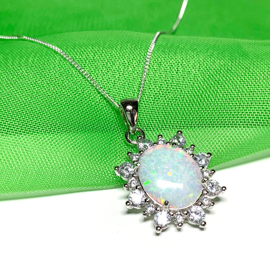 Sterling Silver Oval Opal and Cubic Zirconia Necklace