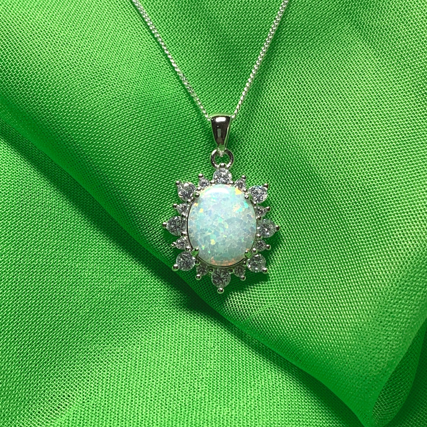 Sterling Silver Oval Opal and Cubic Zirconia Necklace
