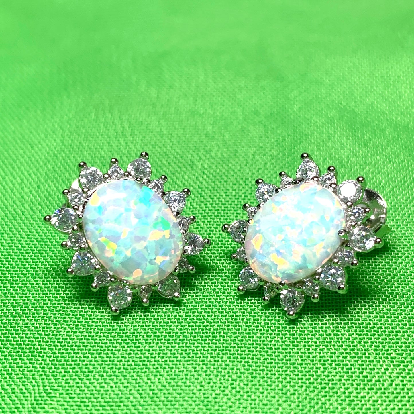 Sterling Silver Oval Opal and Cubic Zirconia Earrings