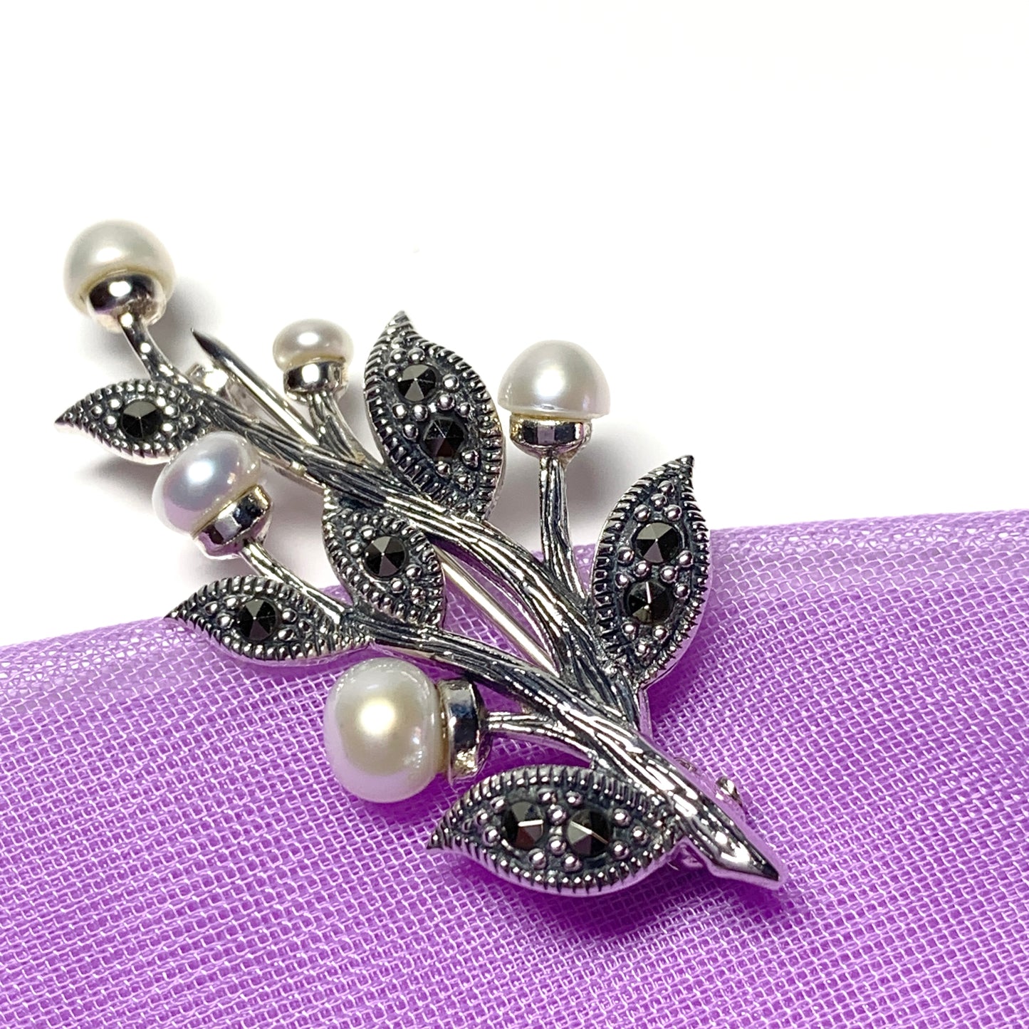 Sterling Silver Pearl and Marcasite Leaf Brooch
