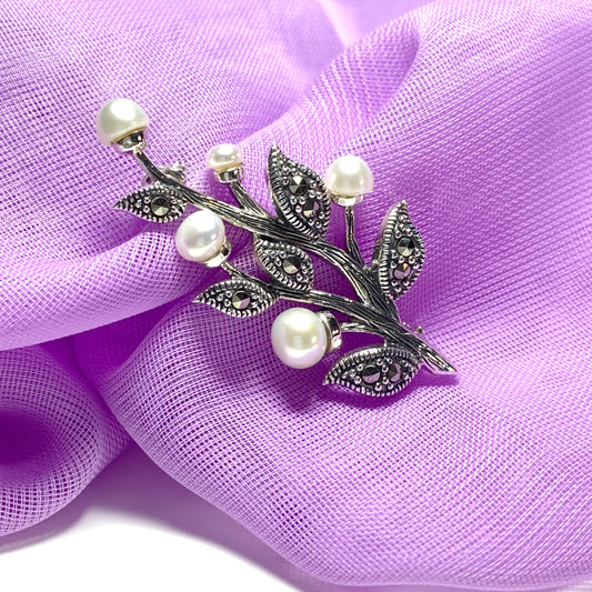 Sterling Silver Pearl and Marcasite Leaf Brooch