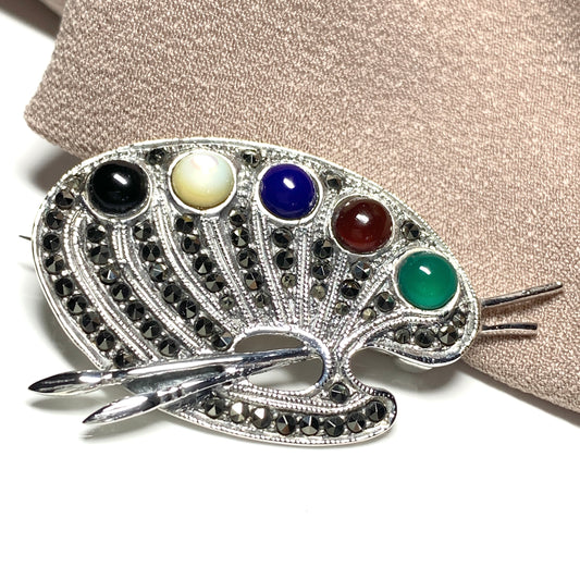 Sterling Silver Artists Pallet Marcasite Brooch