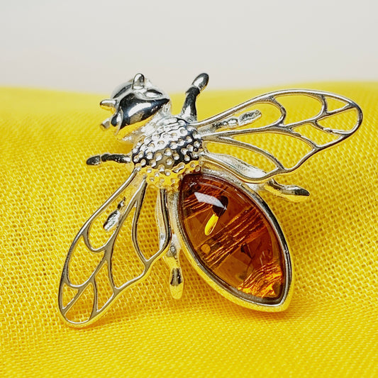 Sterling silver orange real amber bumble bee brooch