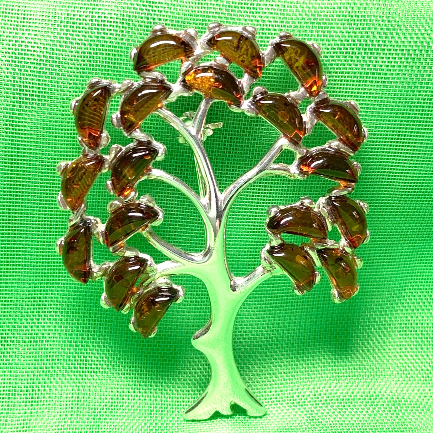 Sterling Silver Orange Amber Tree Of Life Brooch