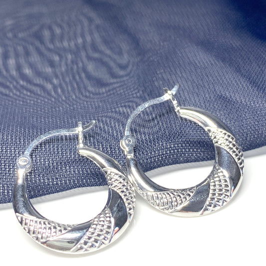 Sterling silver patterned round creole earrings