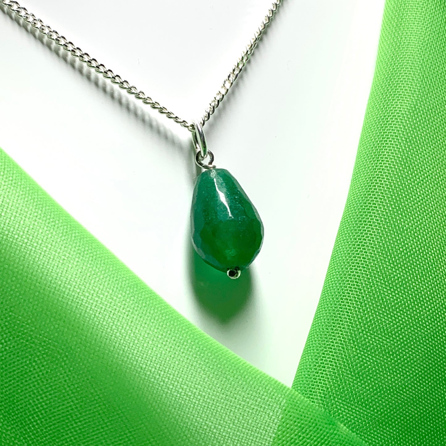 Tear Drop Silver Pear Shaped Green Jade Necklace Pendant