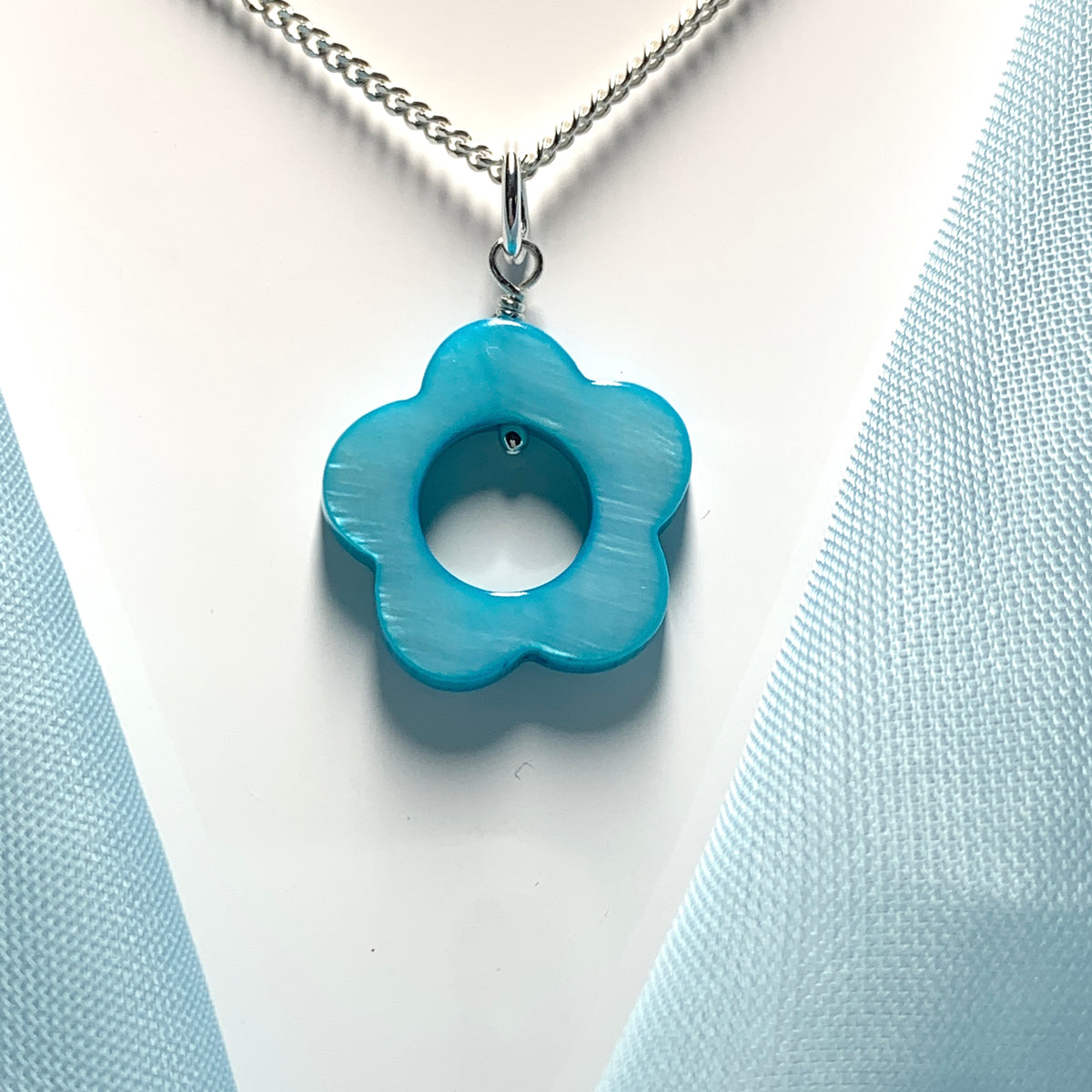 Turquoise Daisy Mother of Pearl Sterling Silver Necklace