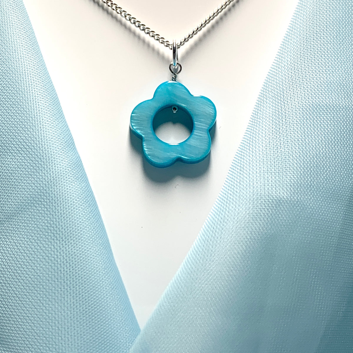 Turquoise Daisy Mother of Pearl Sterling Silver Necklace