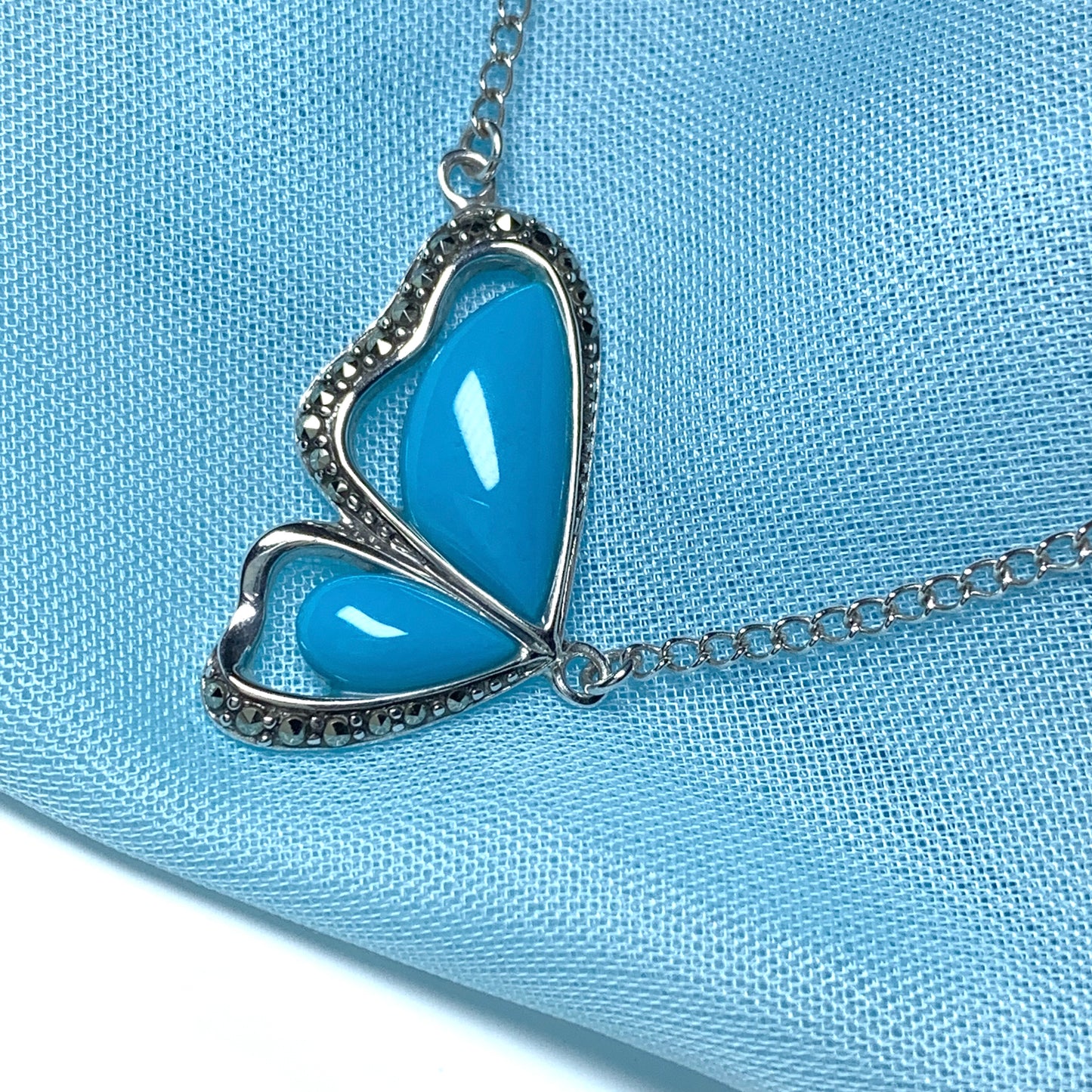 Turquoise and Marcasite Butterfly Sterling Silver Necklace