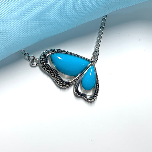 Turquoise and Marcasite Butterfly Sterling Silver Necklace