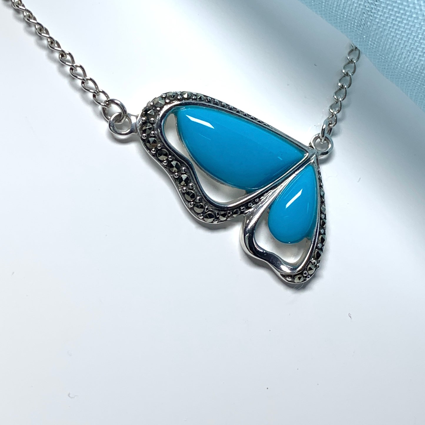 Turquoise and Marcasite Butterfly Sterling Silver Necklace