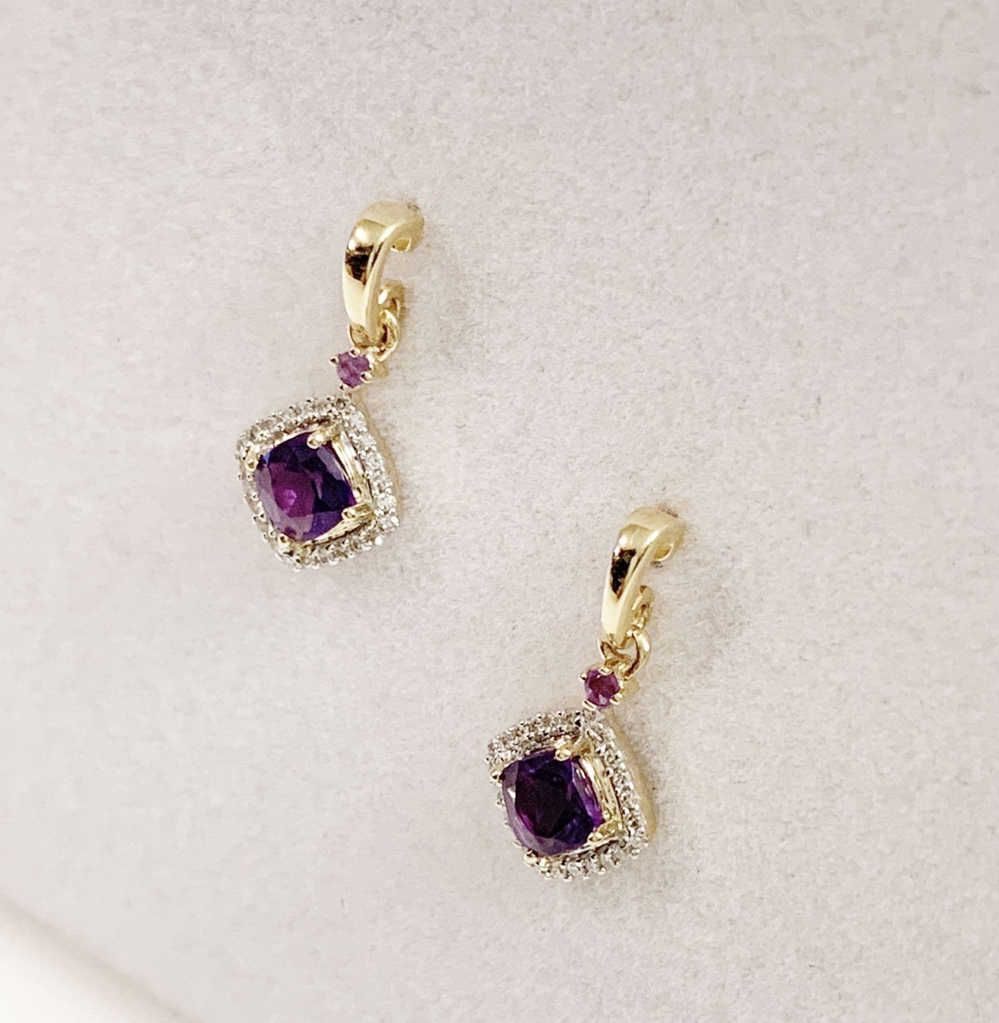 Amethyst and diamond cluster cushion yellow gold drop earrings