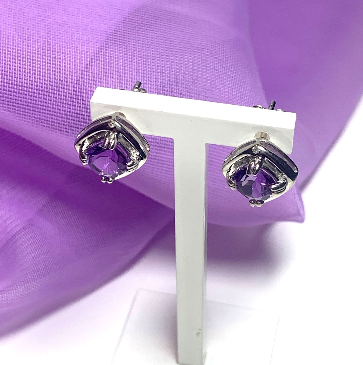Amethyst and diamond sterling silver cushion shaped purple stud earrings