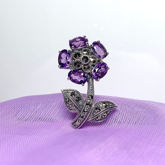 Amethyst and marcasite flower sterling silver brooch