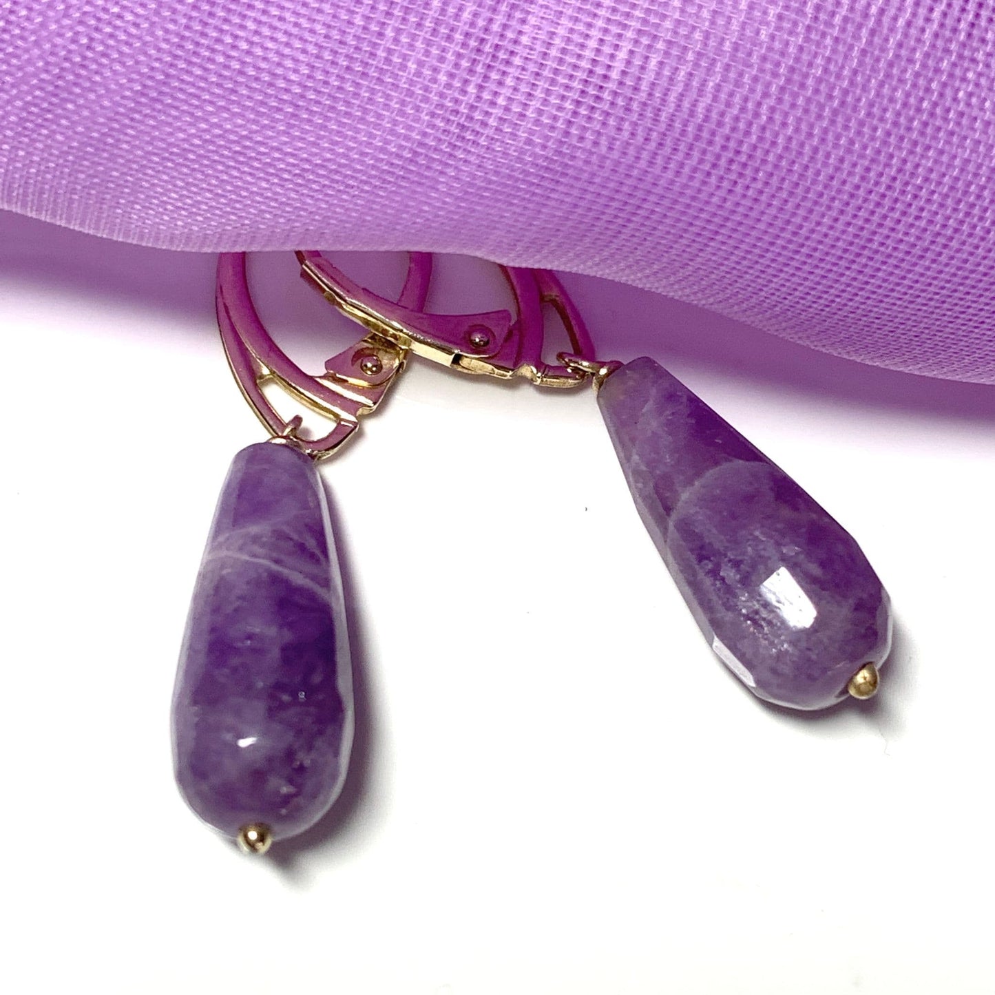 Large Amethyst Teardrop Shaped Yellow Gold Drop Earrings