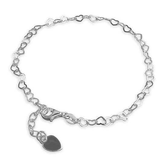 Anklet Sterling Silver Fancy Heart Shaped Link Solid Ladies Ankle Chain With Heart Charm On The End