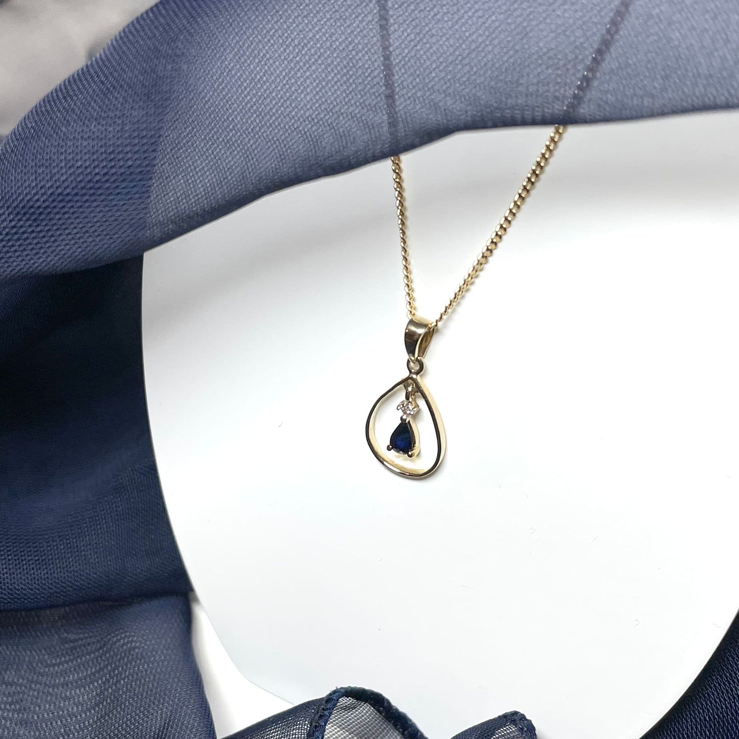 Blue Sapphire And Diamond Yellow Gold Open Pear Teardrop Necklace