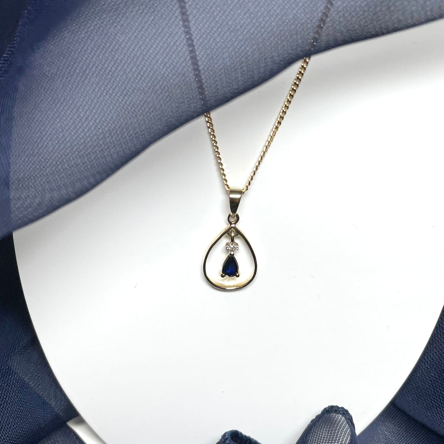 Blue Sapphire And Diamond Yellow Gold Open Pear Teardrop Necklace