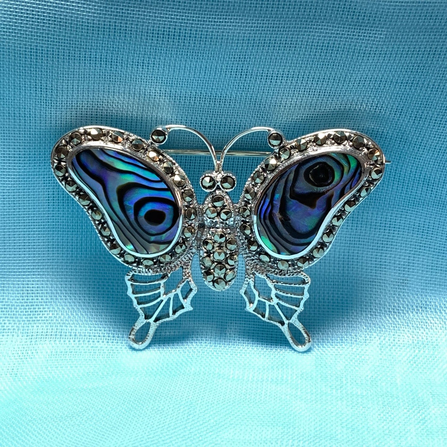 Butterfly Sterling Silver Abalone Shell and Marcasite Brooch