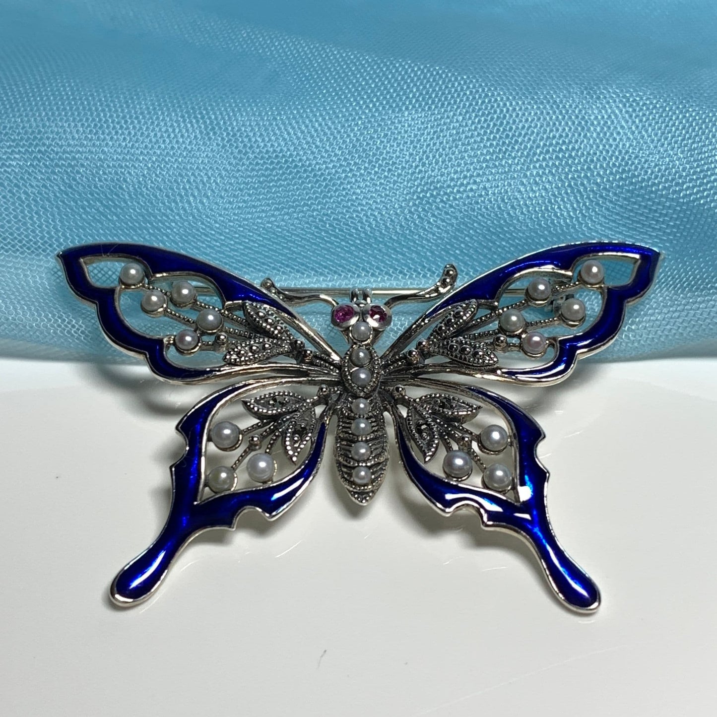 Butterfly Sterling Silver Pearl and Marcasite Brooch with Blue Enamel