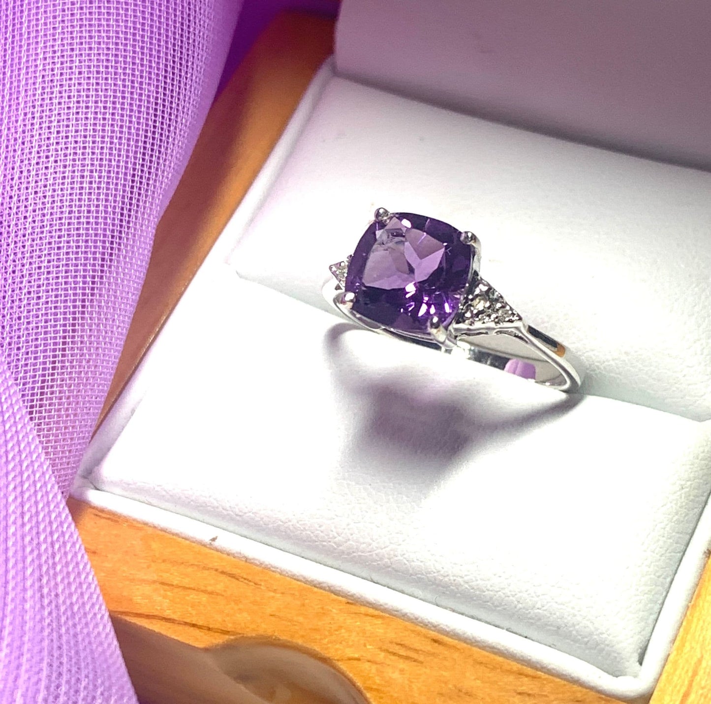 Cushion shaped amethyst and diamond sterling silver fancy dress cocktail ring