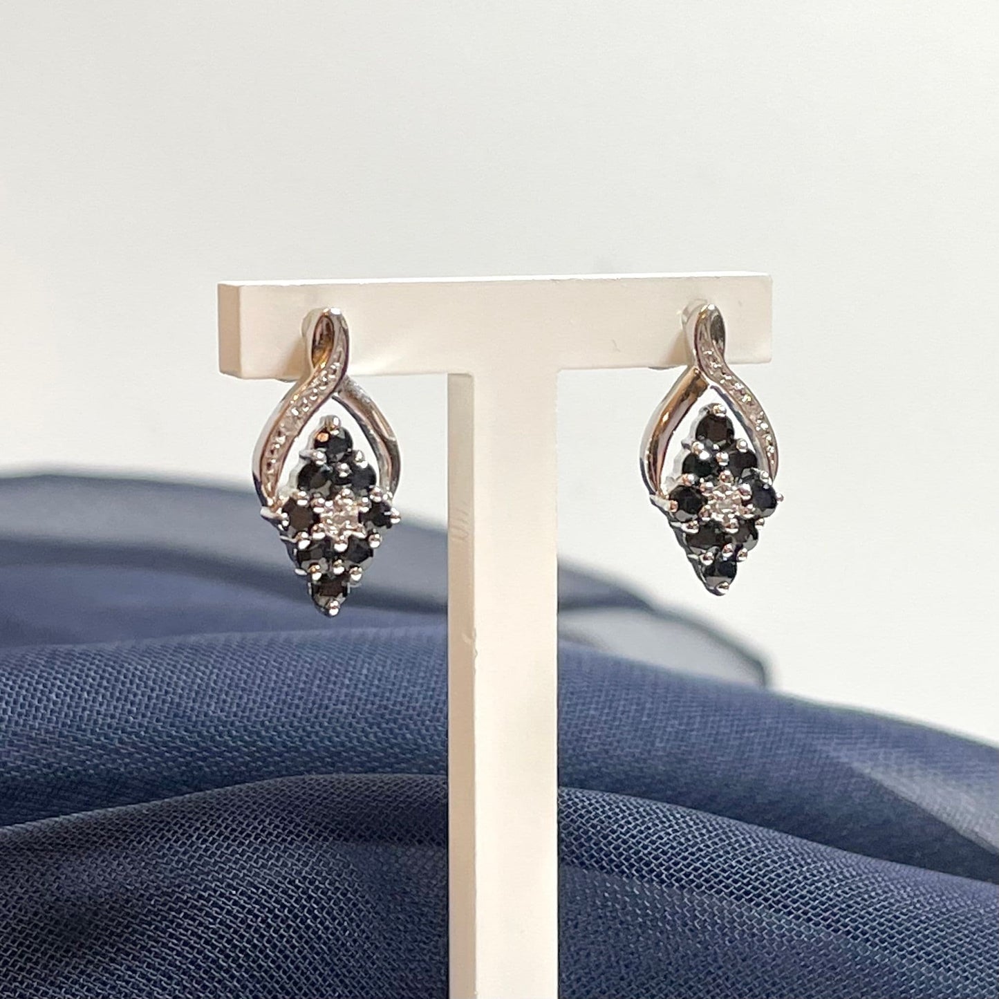 Dark Blue Sapphire And Diamond Sterling Silver Earrings