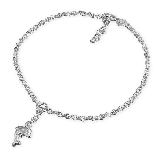 Dolphin Anklet Sterling Silver Fancy Link Solid Ladies Ankle Chain Charm On The End
