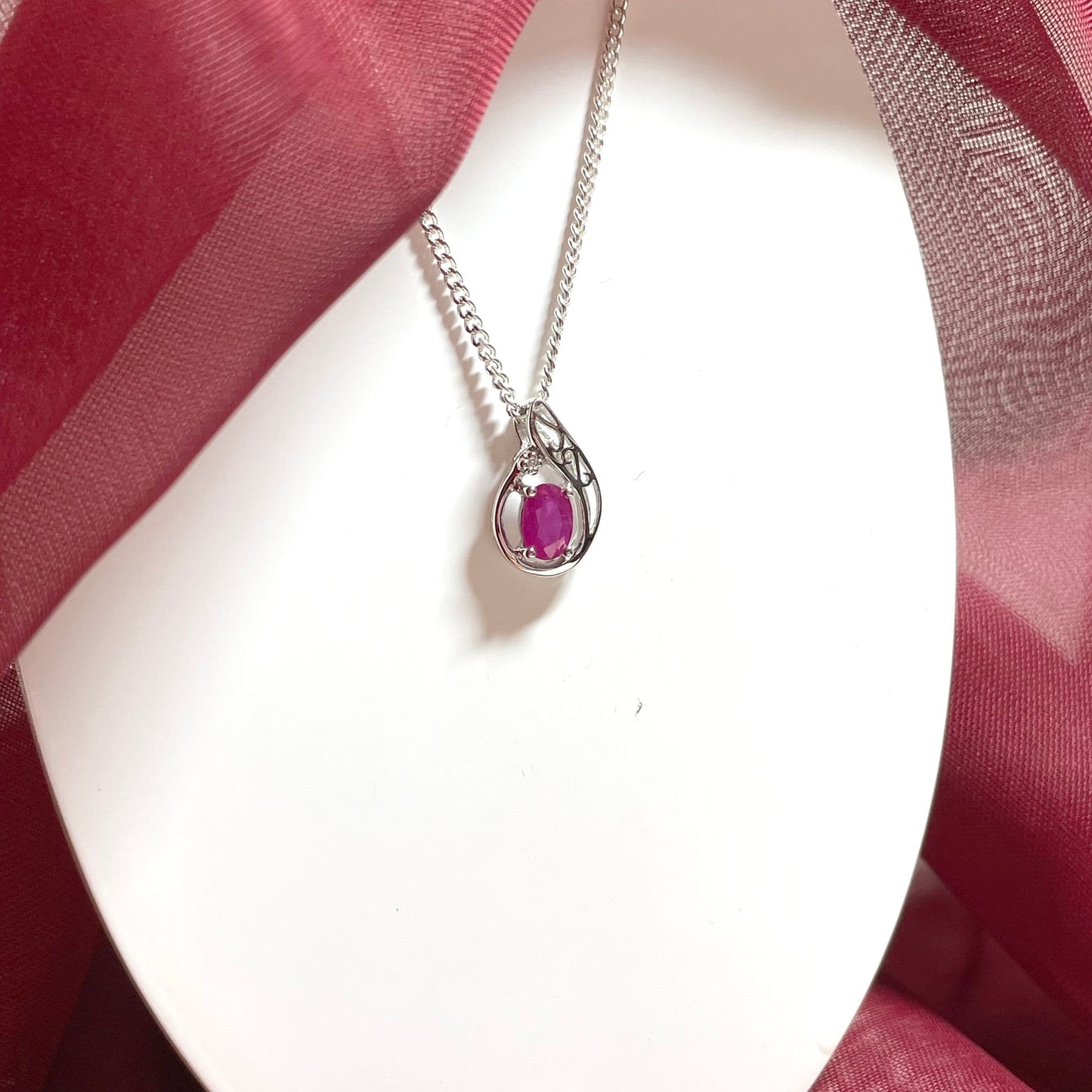 Fancy Oval Ruby And Diamond Tear Drop Sterling Silver Red Necklace Pendant