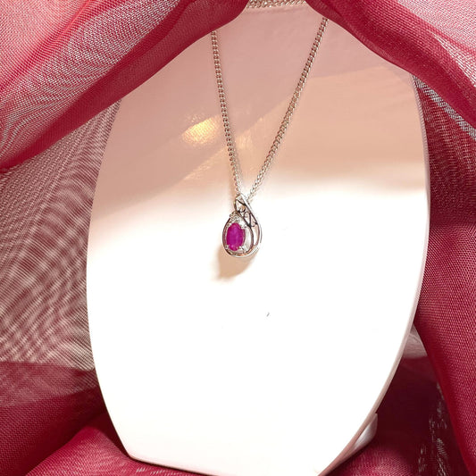 Fancy Oval Ruby And Diamond Tear Drop Sterling Silver Red Necklace Pendant