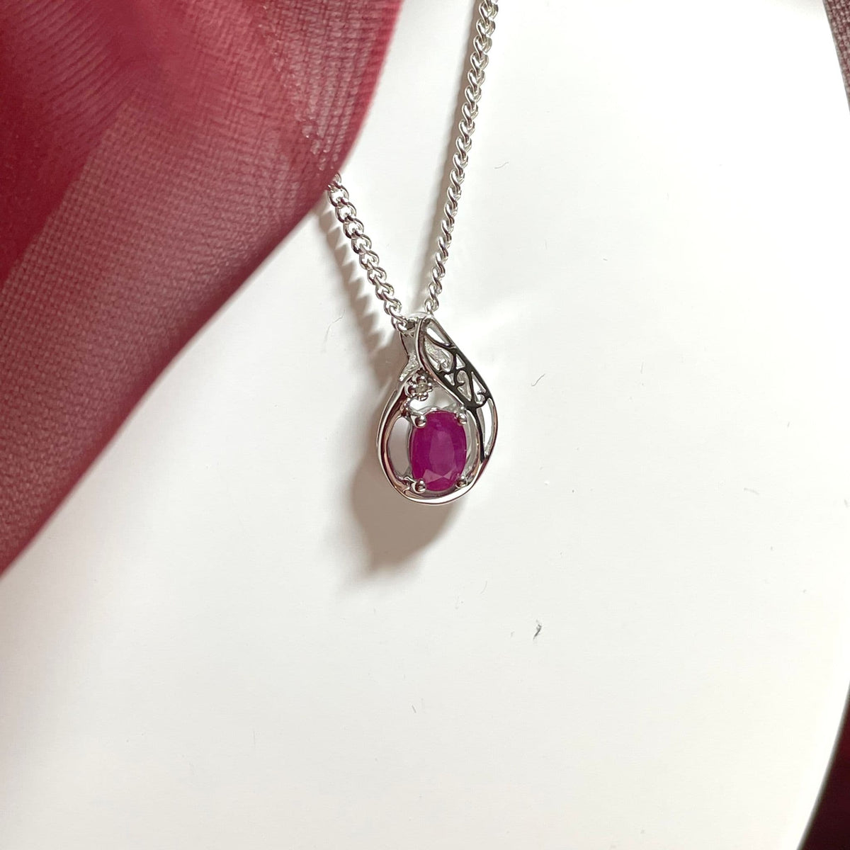 Fancy Oval Ruby And Diamond Tear Drop Sterling Silver Red Necklace Pendant