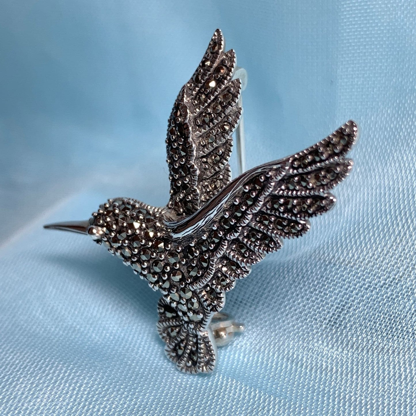 Flying Hummingbird Marcasite Sterling Silver Brooch