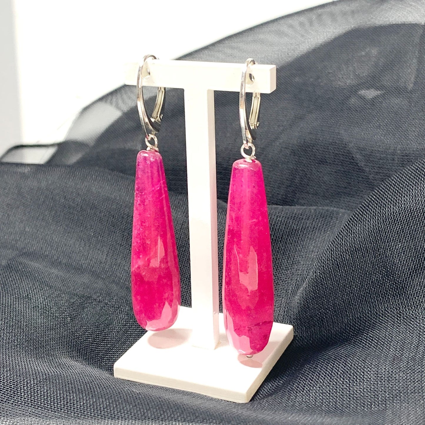 Fuchsia Jade Long Teardrop Shaped Sterling Silver Drop Earrings