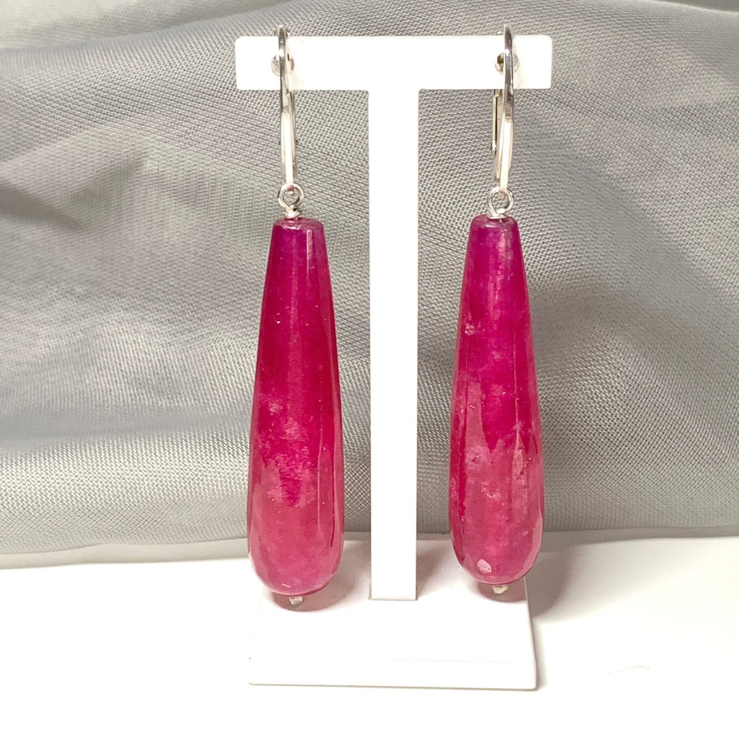 Fuchsia Jade Long Teardrop Shaped Sterling Silver Drop Earrings