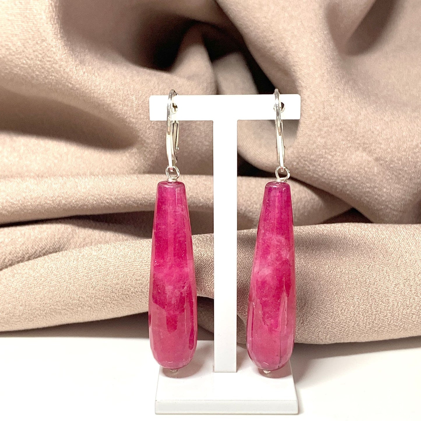 Fuchsia Jade Long Teardrop Shaped Sterling Silver Drop Earrings