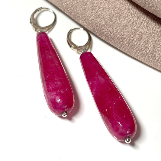 Fuchsia Jade Long Teardrop Shaped Sterling Silver Drop Earrings