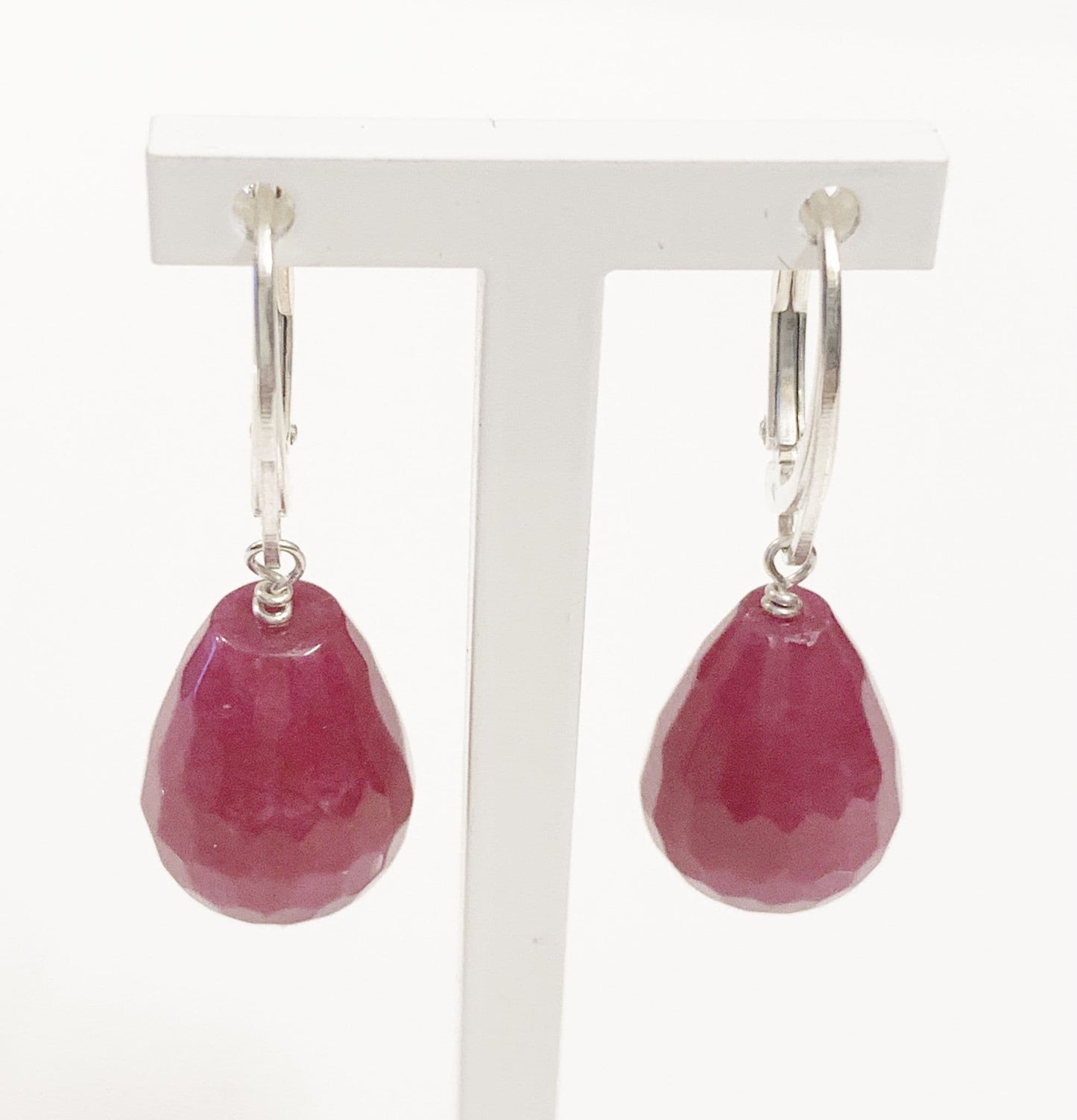 Fuchsia Jade Teardrop Shaped Sterling Silver Drop Earrings