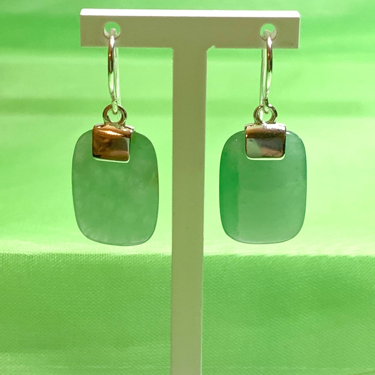 Green Jade Silver Cushion Shaped Drop Earrings